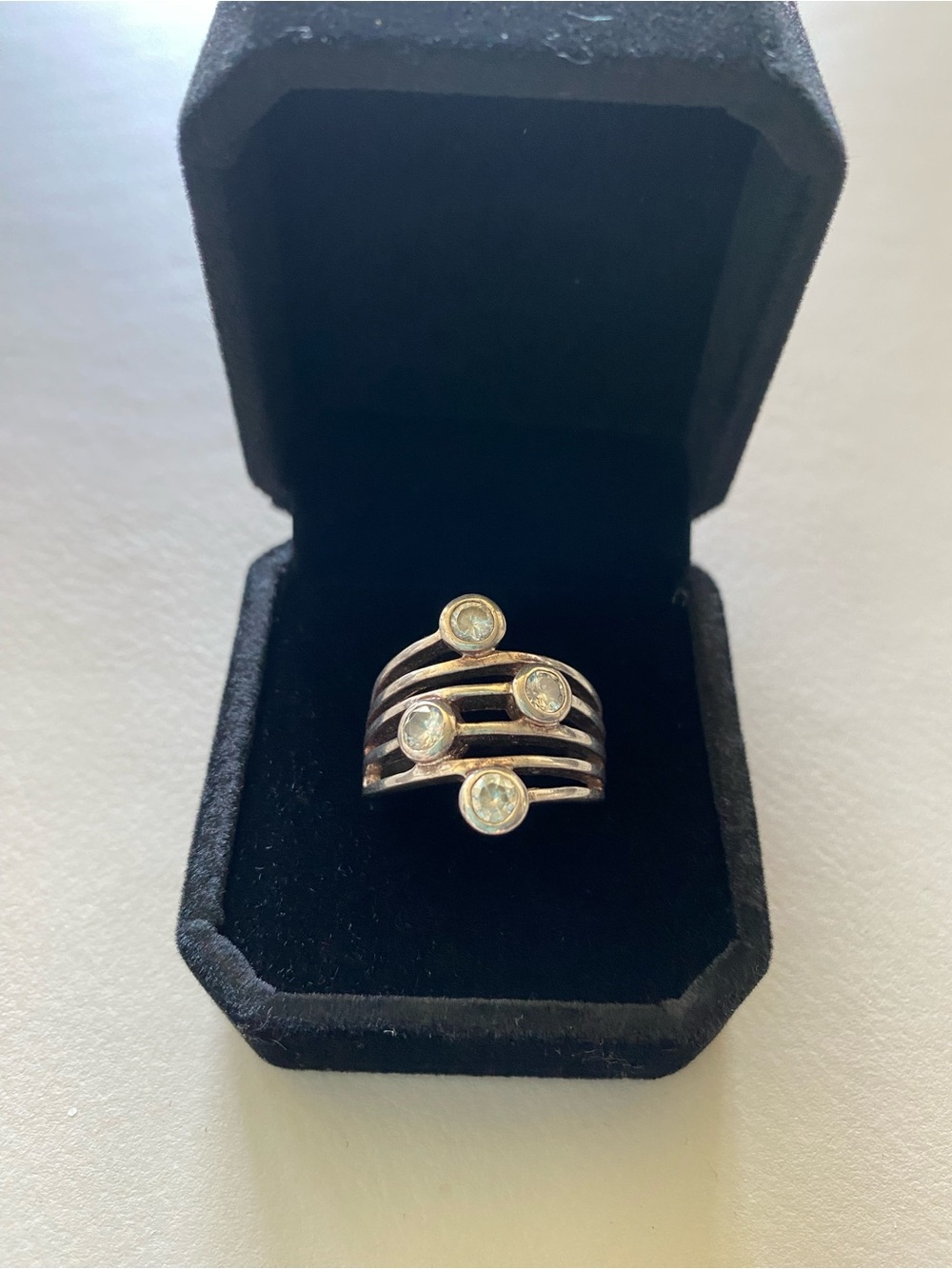 Silver Band Ring with Four Bezel Set Stones -Size 9